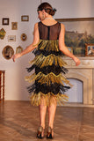 Sparkly Black and Golden Sequins Fringed 1920s Dress with Accessories Set