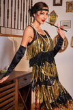 Sparkly Black and Golden Sequins Fringed 1920s Dress with Accessories Set