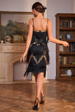 Sparkly Black and Golden Spaghetti Straps Sequins Fringed 1920s Dress with Accessories Set