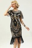 Black Sequins Fringed Cap Sleeves 1920s Dress with Accessories Set
