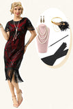 Black Red Sequins Fringed Cap Sleeves 1920s Dress with Accessories Set