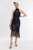 Sparkly Black Round Neck Sequins Fringed 1920s Dress with Accessories Set