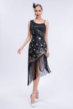 Sparkly Black Asymmetrical Sequins Fringed 1920s Dress with Accessories Set