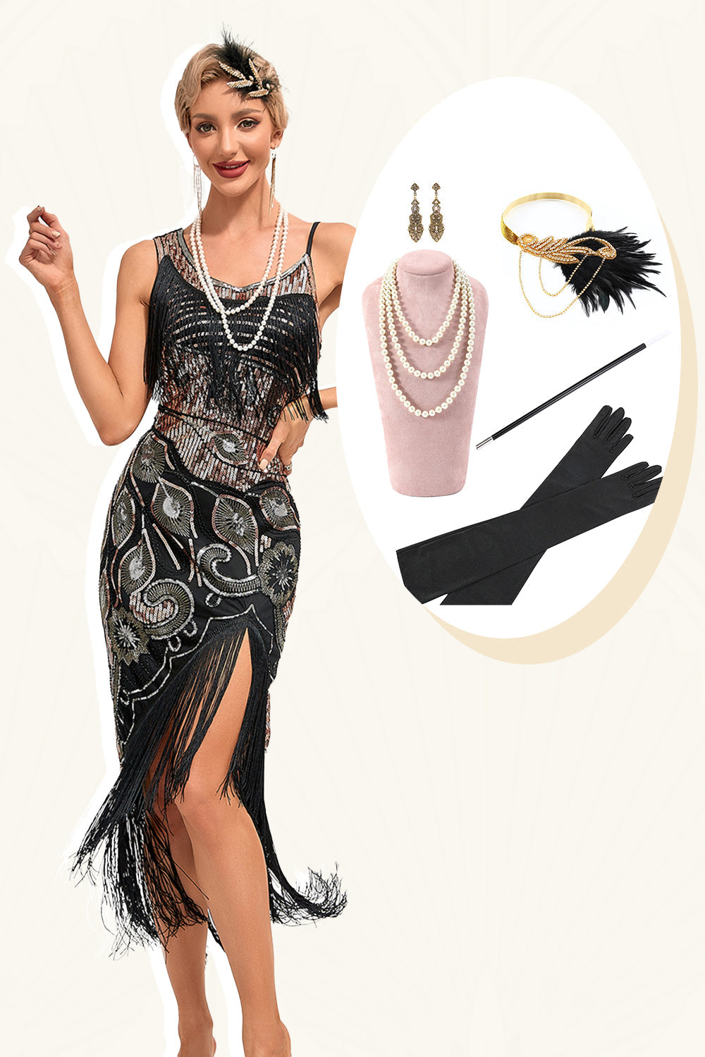 Zapaka Women Sparkly Black Sequins Fringes Asymmetrical 1920s Gatsby Dress with Accessories Set ZAPAKA NZ Zapaka Women Sparkly Black Sequins Fringes Asymmetrical 1920s Gatsby Dress with Accessories Set ZAPAKA NZ