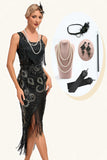Glitter Black Fringed Sequins 1920s Gatsby Dress with 20s Accessories