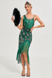 Sparkly Dark Green Sequins Fringes Asymmetrical 1920s Gatsby Dress with Accessories Set