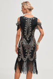 Glitter Black Sequins Fringes 1920s Gatsby Dress with Accessories Set