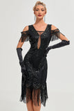 Glitter Black Cold Shoulder Sequins Fringes 1920s Gatsby Dress with Accessories Set