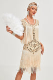 Glitter Champagne Sequins Fringed 1920s Gatsby Dress with Accessories Set