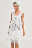 White Sequins Fringes Flapper Dress with Accessories Set