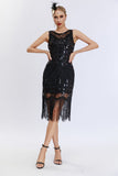 Sparkly Black Fringed 1920s Gatsby Dress with 20s Accessories Set