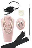 Sparkly Black Fringed 1920s Gatsby Dress with 20s Accessories Set