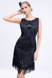 Black Fringed 1920s Gatsby Dress with Sequins with 20s Accessories Set