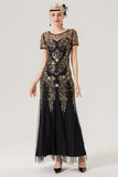 Black Golden Sequins Short Sleeves Long 1920s Dress with 20s Accessories Set