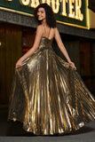 Golden A-Line Spaghetti Straps Pleated Sparkly Prom Dress with Accessories Set