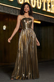 Golden A-Line Spaghetti Straps Pleated Sparkly Prom Dress with Accessories Set