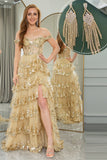 Princess A-Line Off The Shoulder Gold Tiered Prom Dress with Accessories Set