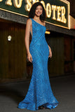 Mermaid One Shoulder Blue Long Prom Dress with Sequins with Accessories Set