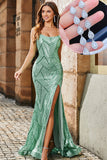 Trendy Mermaid Spaghetti Straps Green Long Prom Dress with Criss Cross Back And Accessories Set