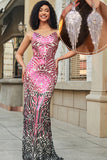 Stunning Mermaid Backless Spaghetti Straps Fuchsia Sequins Long Prom Dress with Accessories Set
