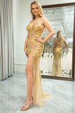 Stunning Mermaid Spaghetti Straps Golden Split Front Prom Dress with Accessories Set