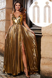 Stunning A Line V-Neck Golden Long Prom Dress with Accessory