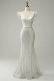 White Sequins V Neck Mermaid Long Ball Dress With Feathers