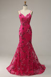 Fuchsia Sequins Print Mermaid Ball Dress