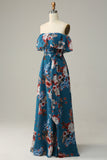 Dark Blue Floral Boho Chiffon Long Bridesmaid Dress