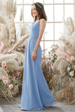 Blue V Neck Chiffon Bridesmaid Dress