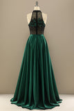 Dark Green A-Line Long Floral Appliqued Formal Dress