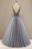 Grey V-Neck Long Beaded Ball Dress