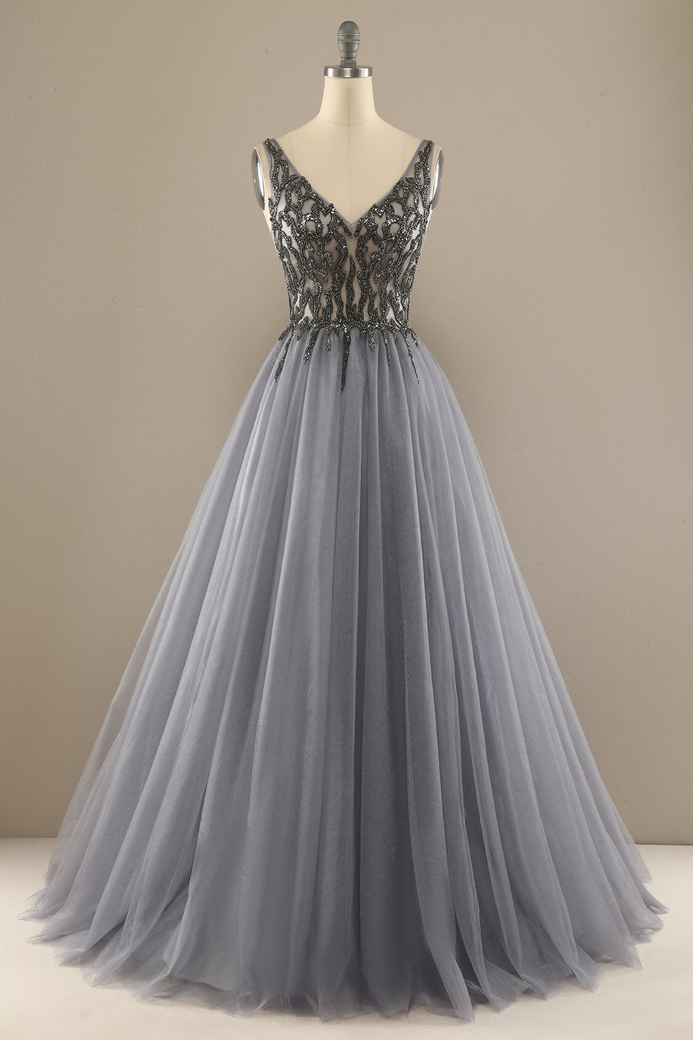 Grey V-Neck Long Beaded Ball Dress
