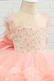 Pink Beading Tulle Flower Girl Dress with Bow