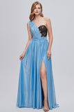 Blue One Shoulder Ruched Long Ball Dress with Appliques