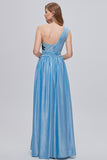 Blue One Shoulder Ruched Long Ball Dress with Appliques