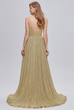 Golden Ruched A-Line Long Ball Dress