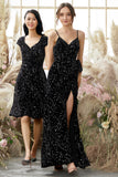 Black Glittery V-Neck Split Long Formal Evening Dress