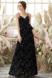 Black Glittery V-Neck Split Long Formal Evening Dress