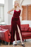 Ankle-Length Burgundy Velvet Evening Party Dress