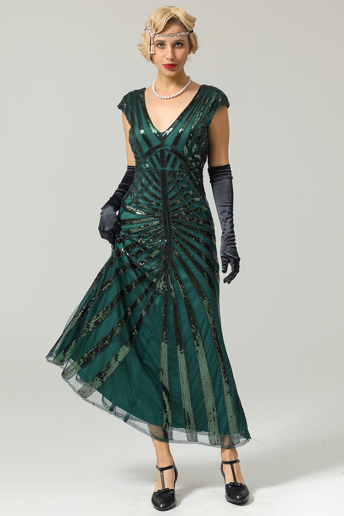 Zapaka Vintage Gatsby Dress Mermaid Green Boat Neck Sequin 1920s Gatsby ...