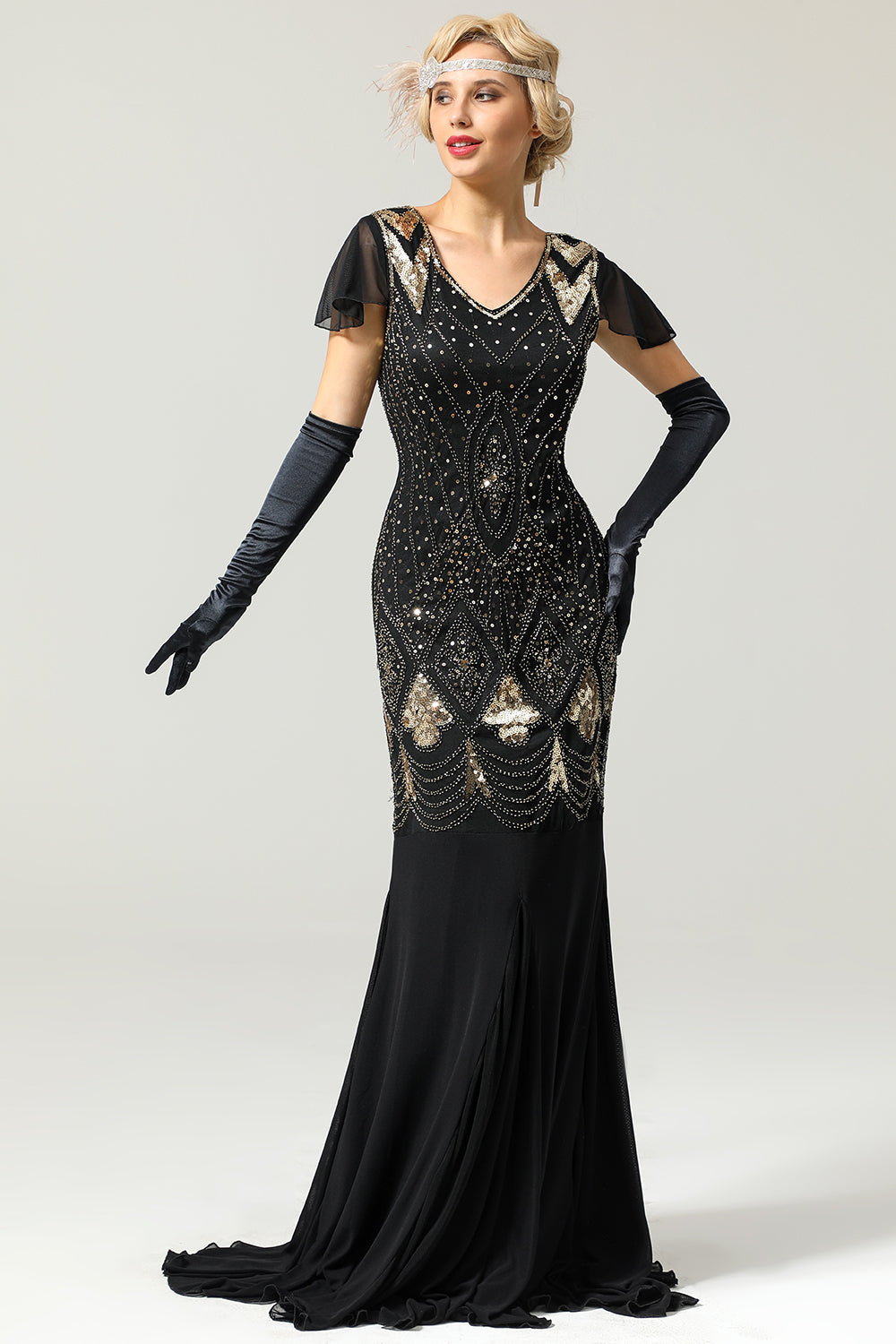 Black 1920s Sequins Flapper Long Dress
