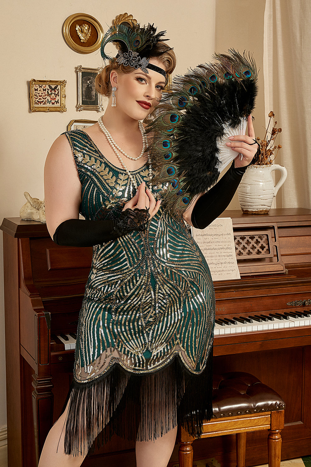 Plus Size 1920s Gatsby Sequin Fringed Apricot Flapper Dress
