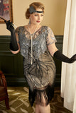 Plus Size 1920s Gatsby Sequin Fringed Apricot Flapper Dress