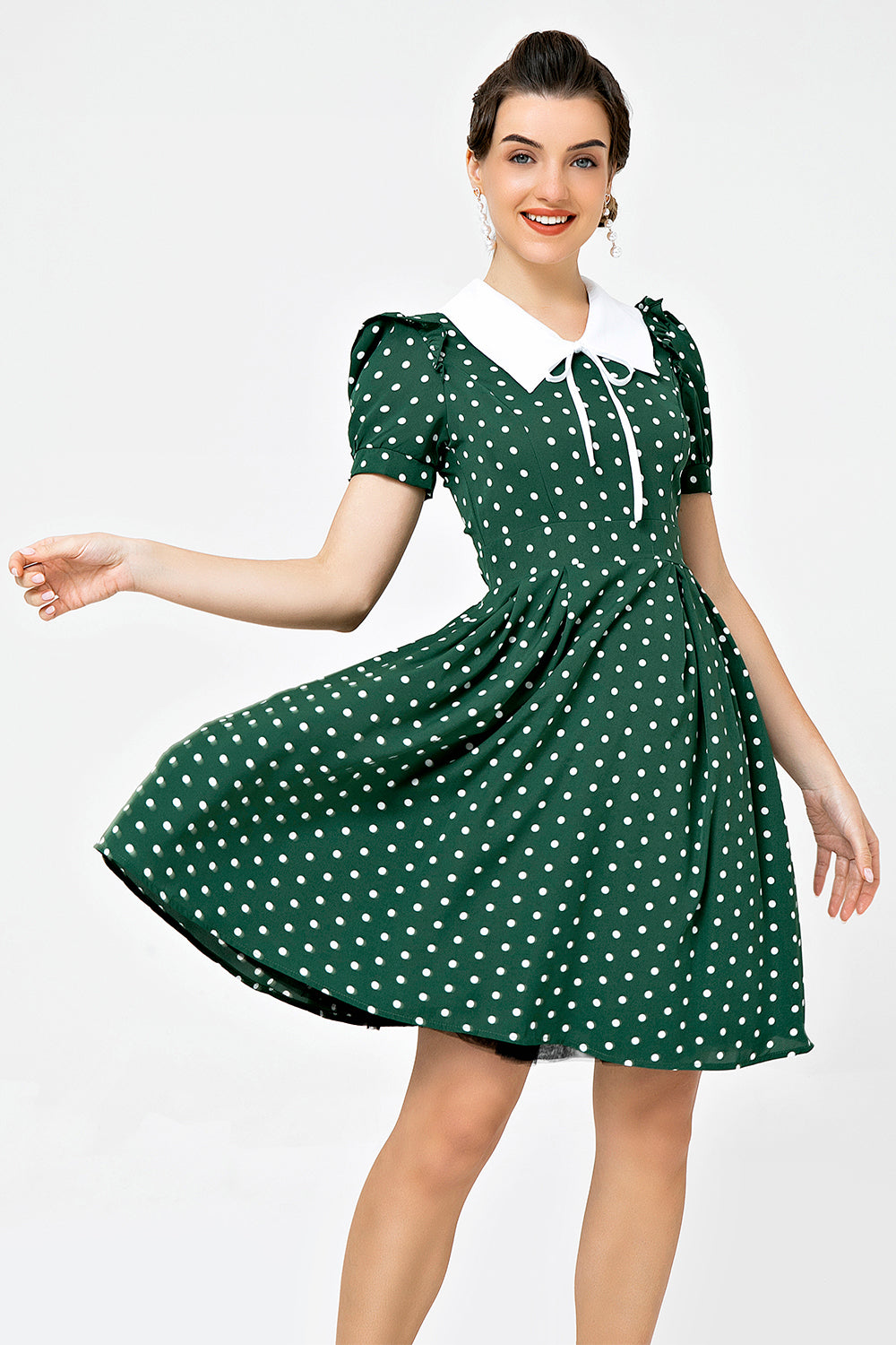 Retro Style Polka Dots Green Swing Dress