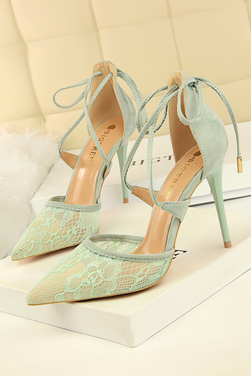 Shallow Pointed Toe Mesh Lace Cross Strap High Heels