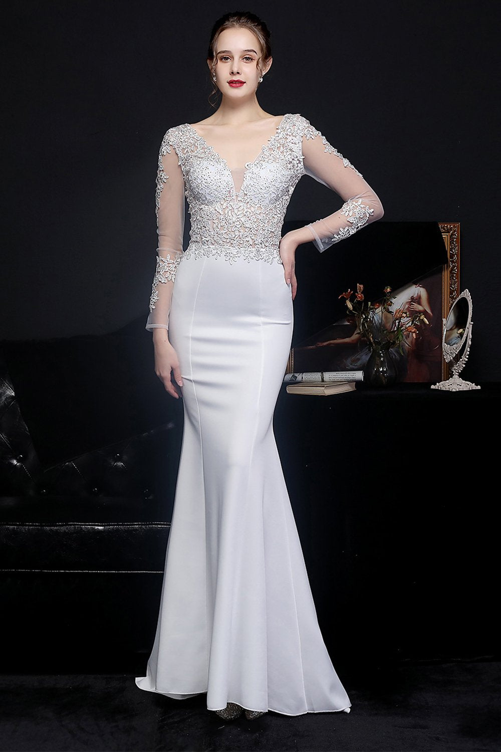 White Applique Mermaid Ball Dress