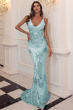 Light Blue Mermaid Sequin V-Neck Long Mermaid Ball Dress