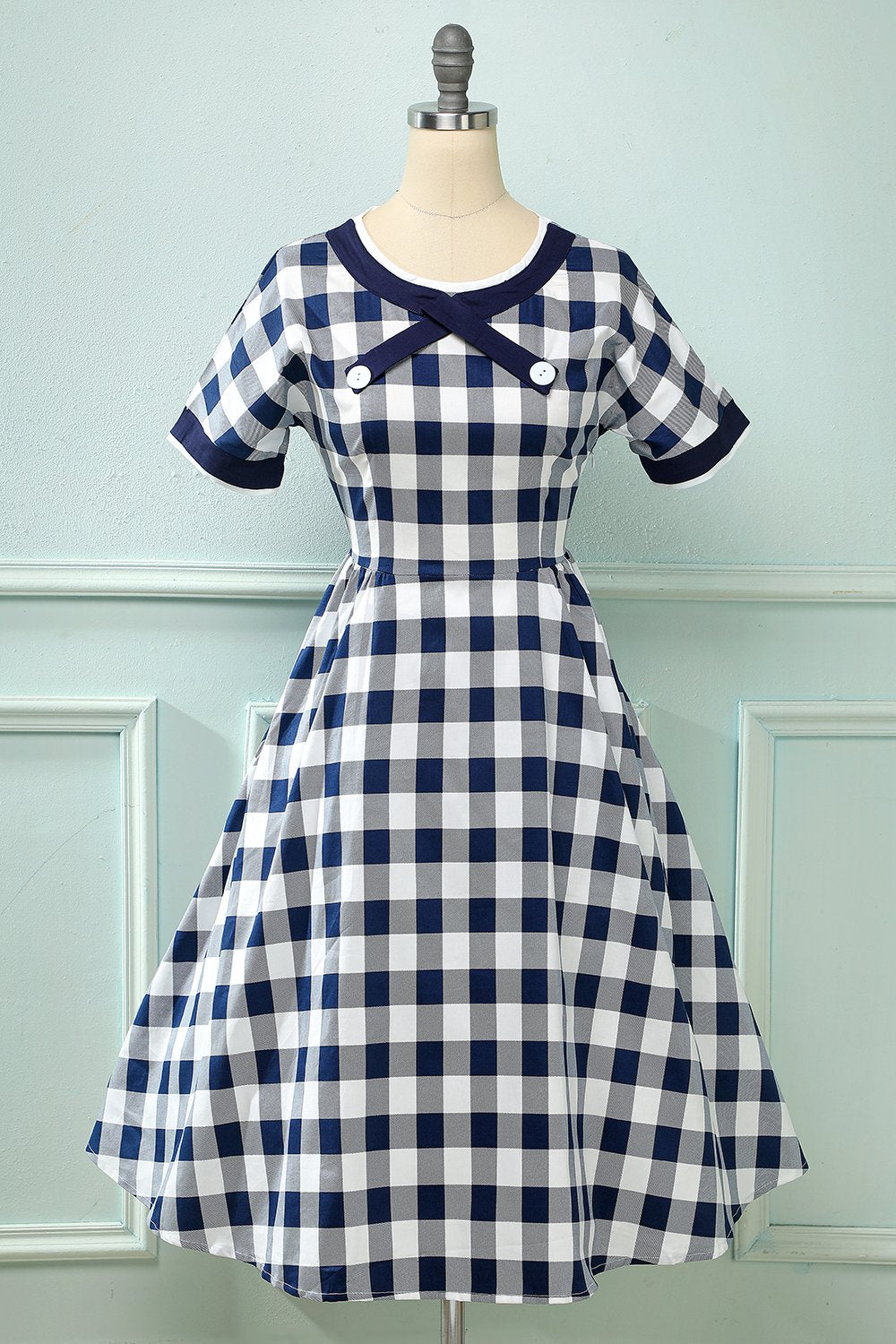 Red Plaid Boat Neck 1950s Dress