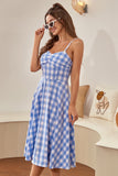 Spaghetti Straps Blue Plaid 1950s Summer Dress